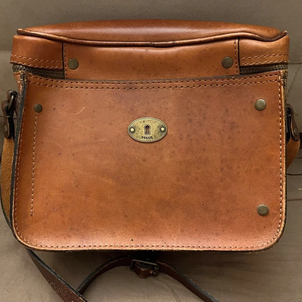 Vintage Fossil Brown Leather Crossbody Camera Box Bag Purse - Picture 6 of 8